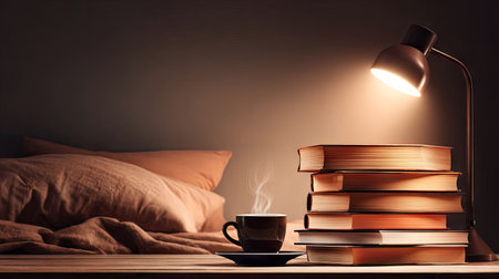 A still life arrangement features a stack of books illuminated by a warm light. A coffee cup sits beside them, with steam rising. The scene suggests a quiet indoor setting, likely in a bedroom or study, ideal for content related to leisure or education purposes.の素材