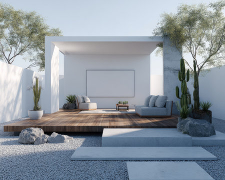 An outdoor living space is presented with a modern, minimalist architectural design. A wooden deck supports seating arrangements under a simple structure. The scene features neutral color tones, with the play of natural light illuminating the space. Potential uses include lifestyle, design, and architectural visualization projects.の素材