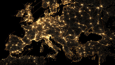 This image showcases a map of Europe illuminated at night, highlighting urban centers and connecting networks. The visual features a dark background with glowing lights representing cities and transport routes. The composition suggests a bird's-eye perspective, suitable for illustrating global connectivity. It could be useful for articles or commercial projects.の素材