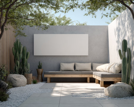 This image showcases a contemporary outdoor patio design with a focus on minimalism. It features a wooden sofa with cushions, cacti, and decorative rocks against a neutral-toned wall. The composition utilizes natural light and shadows, suggesting a daytime setting. This could be suitable for architectural visualizations or lifestyle illustrations.の素材