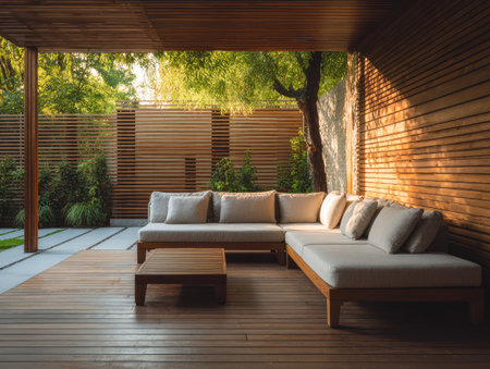 A modern outdoor living space features a wooden deck and a comfortable sectional sofa. The area is bathed in warm sunlight, with a mix of light and shadow from the overhead structure. This architectural design could be suitable for commercial use related to home design, lifestyle, and relaxation.の素材