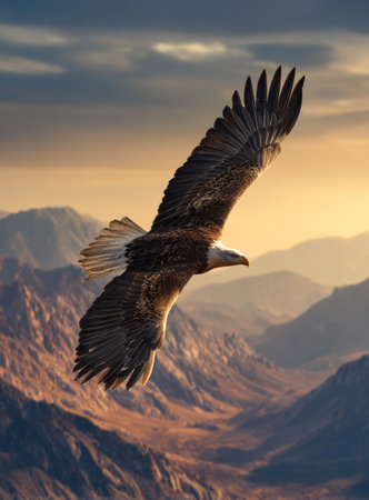 An eagle is depicted mid-flight, wings spread, against a backdrop of mountains and a dramatic sky. The image showcases a warm color palette of browns, oranges, and blues, with sunlight illuminating the scene. This picture could be used for editorial content, as well as commercial projects.の素材
