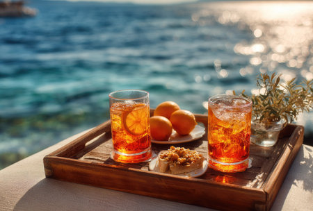 A tray holds two glasses of a bright orange drink, alongside oranges and a pastry. The scene is bathed in sunlight, suggesting an outdoor setting with the sea in the background. The composition uses a medium shot, suitable for illustrating refreshment or leisure, and could be used in advertising.の素材