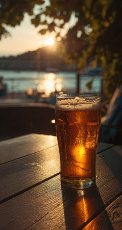 A glass of amber liquid stands on a weathered wooden table. The composition is bathed in warm light. The setting appears to be outdoors, possibly near water, with a blurred backdrop suggesting a sunset. The image could be used in commercial contexts like advertising or stock photography.の素材