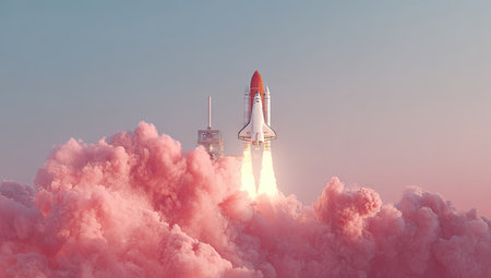 A space shuttle ascends through vibrant pink clouds, propelled by fiery exhaust. The composition features a high angle view with a bright blue sky in the background. This illustration conveys concepts of innovation, adventure, and exploration, lending itself to various commercial and editorial projects.の素材