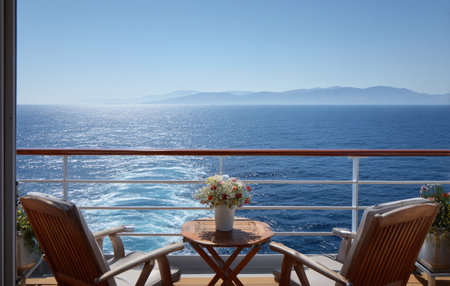 The image captures a serene ocean view from a balcony. Two wooden chairs and a small table with flowers are positioned near the railing. The scene is bathed in sunlight, showcasing a bright blue sky and vast expanse of water. This could be used for travel brochures or lifestyle content.の素材