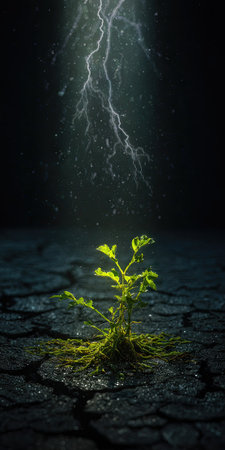 A young plant sprouts from cracked earth, illuminated by a striking lightning bolt in a dark, atmospheric setting. The image features vivid green foliage contrasted against a textured, dark background. This visual could be suitable for themes of resilience, nature, and environmental concepts for commercial projects.の素材