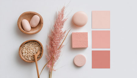 An overhead view showcases a gentle arrangement of wooden bowls, various geometric shapes, and a fluffy pink plume. The composition utilizes a soft pastel color palette, creating a delicate and harmonious visual effect. This image would be suitable for use in various design projects or promotional material.の素材