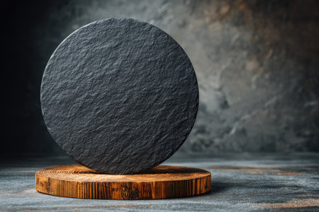 A circular slate board rests on a wood slice, set against a textured dark background. The image showcases contrasting textures and neutral tones. The composition utilizes soft lighting to highlight the objects. Suitable for advertising, product presentations, and other commercial applications.の素材