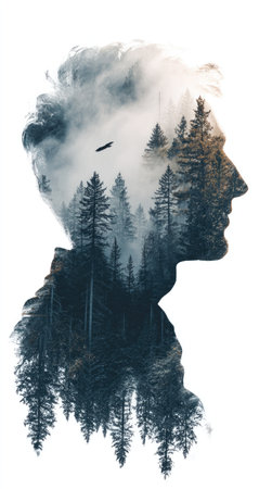 This image showcases a human profile filled with a forest scene, blending nature and a human form. The artwork combines elements of trees, clouds, and a bird in flight, utilizing a soft, painterly style. The lighting suggests a daytime environment. This composition could be used for editorial or conceptual projects.の素材