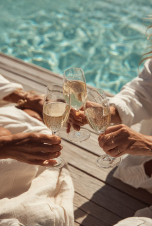 Three individuals are raising champagne glasses outdoors beside a shimmering pool. The composition features hands holding glasses filled with sparkling beverages. The lighting is bright with sunlight reflecting on the water. This image could be used for various commercial purposes such as lifestyle or celebratory themes.の素材