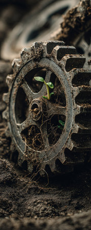 An overhead close-up captures an old, rusty metal gear wheel with a young, green plant sprouting from within. The weathered texture of the metal and the surrounding soil suggest an outdoor, possibly neglected setting. This image could be used for various purposes, including editorial content, or illustrating concepts like growth and resilience.の素材