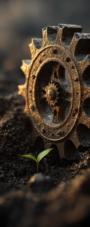 An image features a young green sprout emerging from the earth beside a rusted cogwheel. The composition emphasizes the contrast between life and technology. It displays a close-up, with earthy tones, creating a textured, organic feel. This photo may be suitable for editorial or commercial uses.の素材