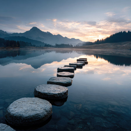 A pathway of stone steps extends across a tranquil body of water, leading towards a mountain range under a cloudy sky. The composition highlights the reflections in the water with soft lighting. This image could be suitable for illustrating concepts such as journey, growth, or natural beauty in various editorial or commercial projects.の素材