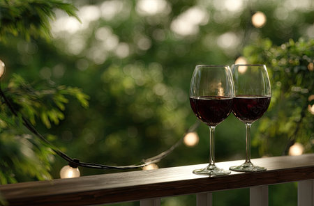 Two wine glasses are positioned on a wooden railing, showcasing a deep red liquid. The backdrop features a blurred, natural bokeh effect of green foliage and ambient light, indicating an outdoor setting. The image is suitable for uses related to lifestyle, celebration, and leisure, offering a sense of ambiance.の素材