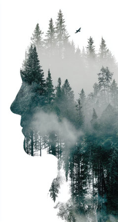 This composite image showcases a human profile silhouette intertwined with a dense forest scene. Overlapping layers create a dreamlike effect, utilizing shades of grey, white, and teal. The composition features an overhead perspective with diffused lighting. Suitable for conceptual projects or use in various editorial contexts.の素材