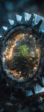 An artistic composition depicts a small green plant flourishing within a metallic gear. The image shows close-up detail and features a dark, textured background. The style suggests a conceptual representation with potential uses in business, environmental themes, and science. The lighting appears to be ambient, highlighting the central subject.の素材