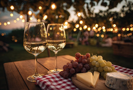 Two wine glasses sit on a wooden table alongside grapes and cheese. The composition is illuminated by warm, soft lighting, creating a festive ambiance. The arrangement suggests a relaxed setting for food and drink. Suitable for advertising campaigns, culinary publications, and general lifestyle content.の素材