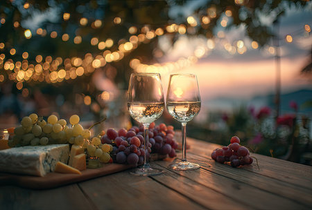 Two wine glasses stand beside grapes and cheese on a wooden table, in front of blurred lights. The image uses warm tones and soft lighting, suggesting an outdoor setting at dusk. This could be suitable for illustrating themes such as celebration, hospitality, or culinary content for various editorial or advertising purposes.の素材