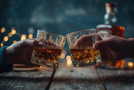 Two hands hold glasses of amber liquid, possibly whiskey, clinking them together. The composition features a shallow depth of field, with a blurry background and warm lighting. A bottle of the same liquid and some blurred lights are visible in the background. This image could be used for beverage promotions or lifestyle editorial content.の素材