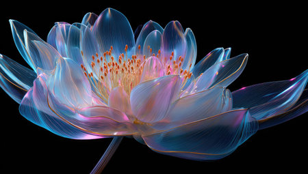 A close-up showcases a luminous lotus flower with translucent petals. The bloom exhibits shades of blue, pink, and orange, contrasting against the stark black backdrop. The image highlights the delicate textures and intricate details, suggesting potential applications in artistic or design projects, or for visual storytelling.の素材