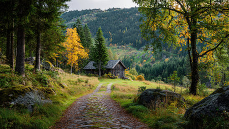 A pathway leads to a small cabin nestled within a vibrant forest landscape. The scene showcases a blend of green, yellow, and brown hues, suggesting an autumn setting. Overhead sunlight illuminates the composition, highlighting textures and details. This image could be used for various commercial or editorial purposes.の素材