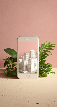 A smartphone displays a miniature city scene surrounded by fresh green plants. The image features soft pastel tones of pink and beige, with the city rendered in white. The composition is a studio shot, the lighting is even. It could be used in commercial projects and editorial designs related to technology or environment.の素材
