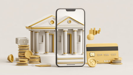 A smartphone with a bank building on screen is surrounded by coins, credit cards, and financial symbols. The illustration features a minimalist design with white, gold, and black color scheme, suggesting a theme of digital banking. This imagery is suitable for various commercial applications, including finance, technology, and business materials.の素材