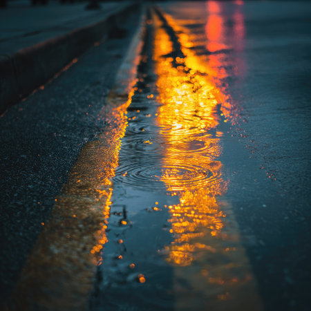 A close-up captures a wet asphalt surface reflecting a vibrant golden glow. Ripples disturb the water, creating textured patterns. The scene is bathed in a cool, dark ambience with strong color contrast. Suitable for use in commercial projects, the image provides a unique visual element.の素材