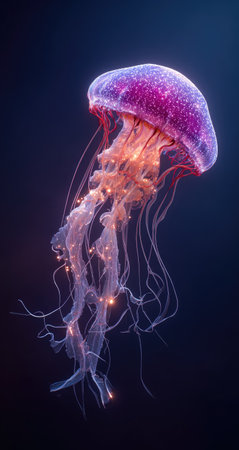 An artistic rendering depicts a luminous jellyfish against a dark background. The marine creature features a translucent body with orange and purple hues, intricate details, and flowing tentacles. The digital artwork uses dramatic lighting, creating a sense of depth and wonder. Suitable for various design and editorial projects.の素材