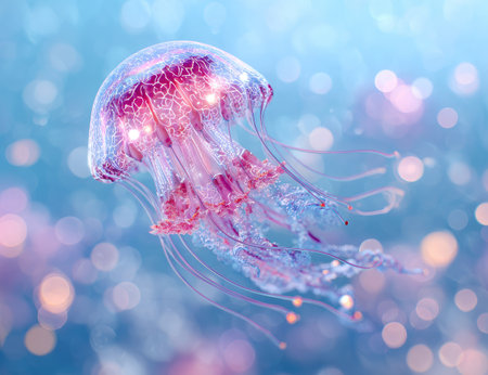 A vivid image features a translucent jellyfish in aquatic surroundings. The creature displays shades of pink and purple, with its tentacles extending gracefully. A soft bokeh effect creates a dreamy atmosphere. This image is suitable for illustrating marine life, nature concepts, and various design projects.の素材
