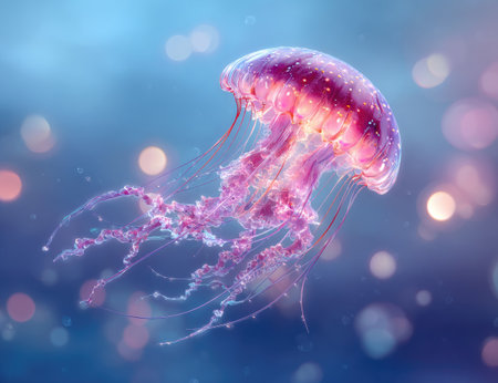 A vividly colored jellyfish is depicted, floating in a blue environment. Its pink and purple hues contrast with the background. Soft bokeh lights provide an ethereal feel. The image could be used for various purposes such as scientific illustrations, educational content, or artistic design projects.の素材