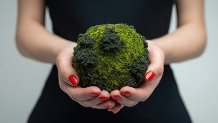 A person holds a textured green sphere, possibly moss or plant material, in their hands. The sphere's surface displays dark spots, set against a light background. The composition highlights the object and the hands. The image is suitable for various commercial applications, including environmental and design themes.の素材