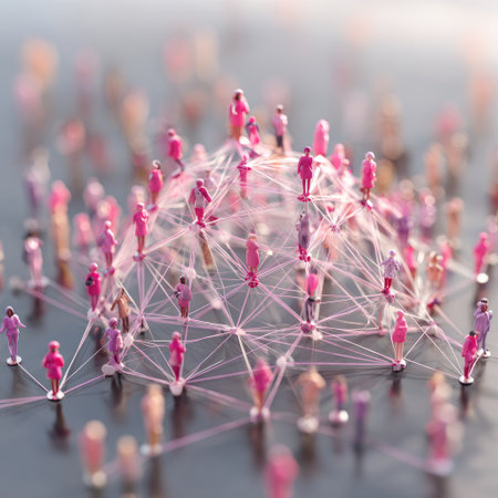 A network of tiny figures in shades of pink and purple connected by fine lines forms a conceptual image. The composition uses a shallow depth of field, with soft lighting and a blurred background. It depicts a potential visualization of communication, connection, or teamwork with a focus on networking.の素材