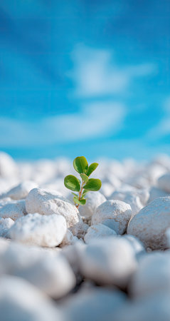 A small green plant sprouts amidst numerous white stones. The composition employs a low-angle perspective against a blurred, bright blue sky. The scene's lighting appears natural and diffuse, creating soft shadows. This image could be used for illustrating concepts related to growth, renewal, or environmental themes. It has commercial potential.の素材