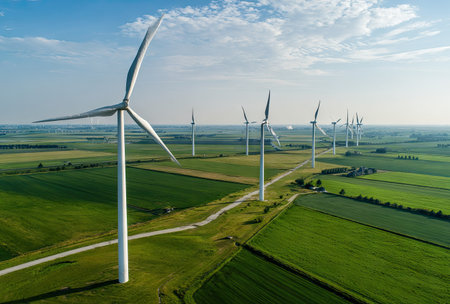 Several wind turbines stand tall amidst vibrant green agricultural fields. The image displays a bright, sunny day, with a blue sky and some clouds. The composition and lighting suggest an open landscape and the possibility for use in environmental or energy-related publications and commercial projects.の素材