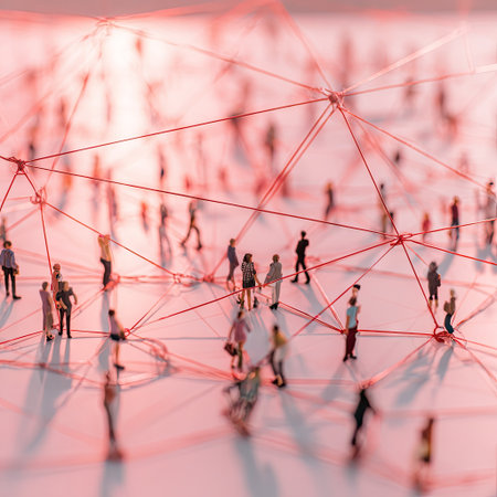 A network of tiny human figures is linked by red lines, illustrating interconnectedness. The composition showcases a macro perspective with shallow depth of field, emphasizing the web-like structure. The lighting appears diffused and soft, creating shadows. This visual is potentially useful in discussions of networking, community, and digital systems.の素材