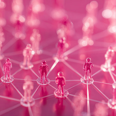 Numerous miniature figures, primarily red-toned, are linked together with lines, forming a complex network. The overhead shot presents a shallow depth of field, emphasizing the interconnectedness. The composition uses a vibrant color palette against a soft background, suitable for illustrating communication and relationships in a variety of contexts.の素材