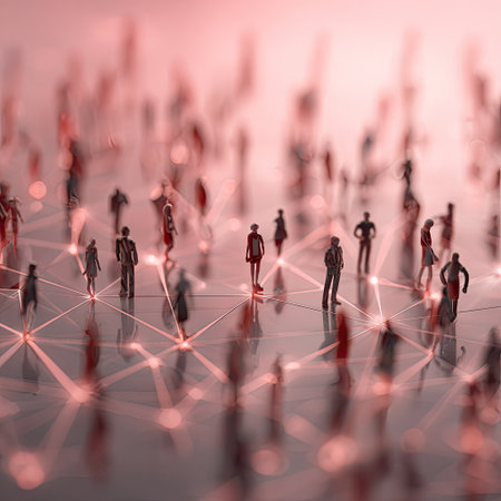 This image depicts small figures linked by a network of lines. The composition features a shallow depth of field, and the figures are in a uniform style, potentially illustrating relationships or connections. The red tones and diffused lighting create a futuristic ambiance. It could be suitable for projects related to technology or communication.の素材