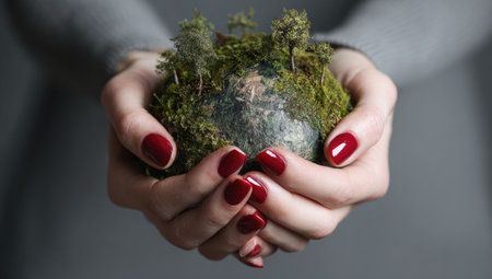 A person's hands cradle a miniature landscape of mossy terrain with tiny trees. The composition features selective focus, highlighting the textures and details of the natural elements. This visual suggests themes of nature, conservation, and environment, potentially suitable for various commercial and editorial applications.の素材