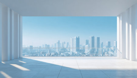 An open architectural interior offers a clear view of a distant cityscape. The design features minimalist elements with clean white surfaces and pillars. Sunlight bathes the space. This image can be used for architectural presentations, website backgrounds, or creative design projects.の素材