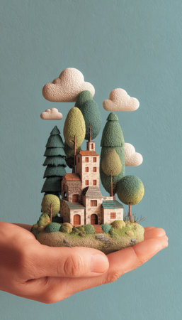 A hand cradles a small diorama of a village featuring stylized buildings, trees, and clouds. The composition utilizes a soft, pastel color palette, with a focus on texture and rounded shapes. The setting appears to be outdoors, in daylight, lending itself to diverse commercial applications.の素材