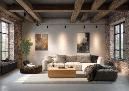 A contemporary living room features a large sectional sofa and artistic wall decor. Exposed brick walls and wooden beams add rustic charm. Soft lighting and a neutral color palette create a serene ambiance. Suitable for interior design publications and lifestyle advertising.の素材
