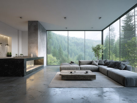 The image showcases a modern living room featuring a large sectional sofa, coffee table, and a panoramic window offering views of a lush forest. The scene is dominated by natural light and soft, neutral tones. This interior design photograph could be used for various commercial purposes, showcasing modern architecture and design principles.の素材
