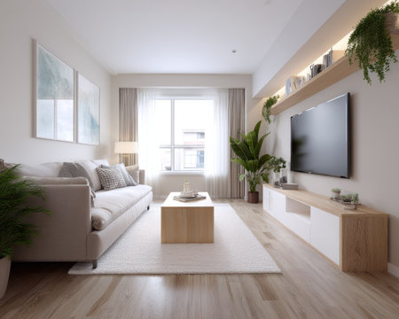A modern living room interior is presented, featuring a sofa, television, and coffee table. The scene is bathed in natural light from a large window, complemented by interior design elements. Various plants add a touch of nature to the space. Suitable for architectural visualization and commercial uses.の素材