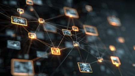 An abstract digital illustration presents a network of interconnected nodes, showcasing glowing light accents. The composition features a dark backdrop, contrasting the bright points and lines that suggest digital connections. Ideal for use in technology-related projects, illustrating concepts, and conveying complex digital communication.の素材