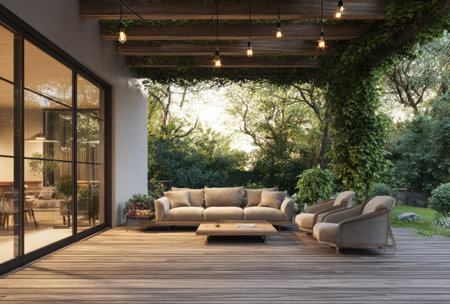 A modern outdoor living space features a large sofa and two armchairs on a wooden deck. Overhead, a pergola with hanging lights provides shade. The scene incorporates natural elements like trees and greenery. Suitable for architectural, lifestyle, or design related projects.の素材