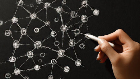 A hand uses a stylus to interact with a complex network diagram, rendered in white against a dark backdrop. The graphic presents interconnected nodes and lines, suggesting relationships and data flow. The composition features close-up detail and soft lighting, ideal for illustrating concepts of technology, connection, and information. Suitable for various commercial and editorial projects.の素材