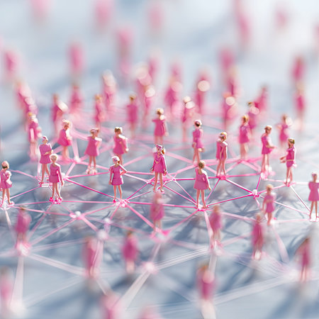 A photograph showcases numerous miniature figures linked by delicate lines, forming an interconnected network. The figures, uniformly dressed in pink, stand against a blurred background, suggesting an abstract environment. The soft lighting and shallow depth of field create a dreamy, conceptual aesthetic, suitable for various commercial and editorial projects.の素材