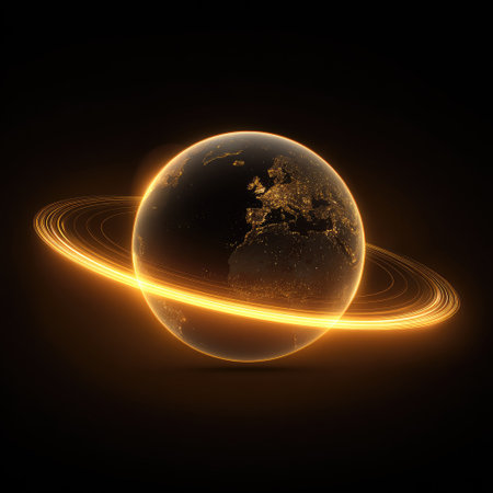 An illustration shows planet Earth encircled by glowing rings against a dark background. The image presents a digital rendering with warm tones. The composition is centered, providing a clear view of the planet with lights. Suitable for concepts of technology, space, or science.の素材
